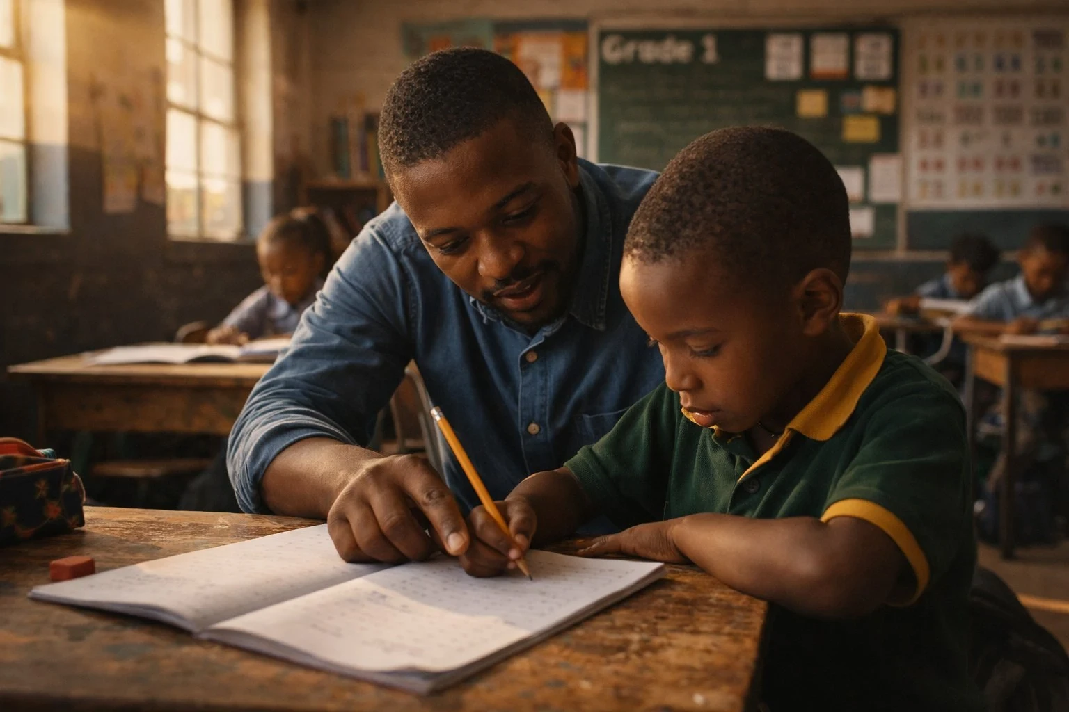 South African teacher helping student in classroom — Eduplace Recruitment Agency, Cape Town