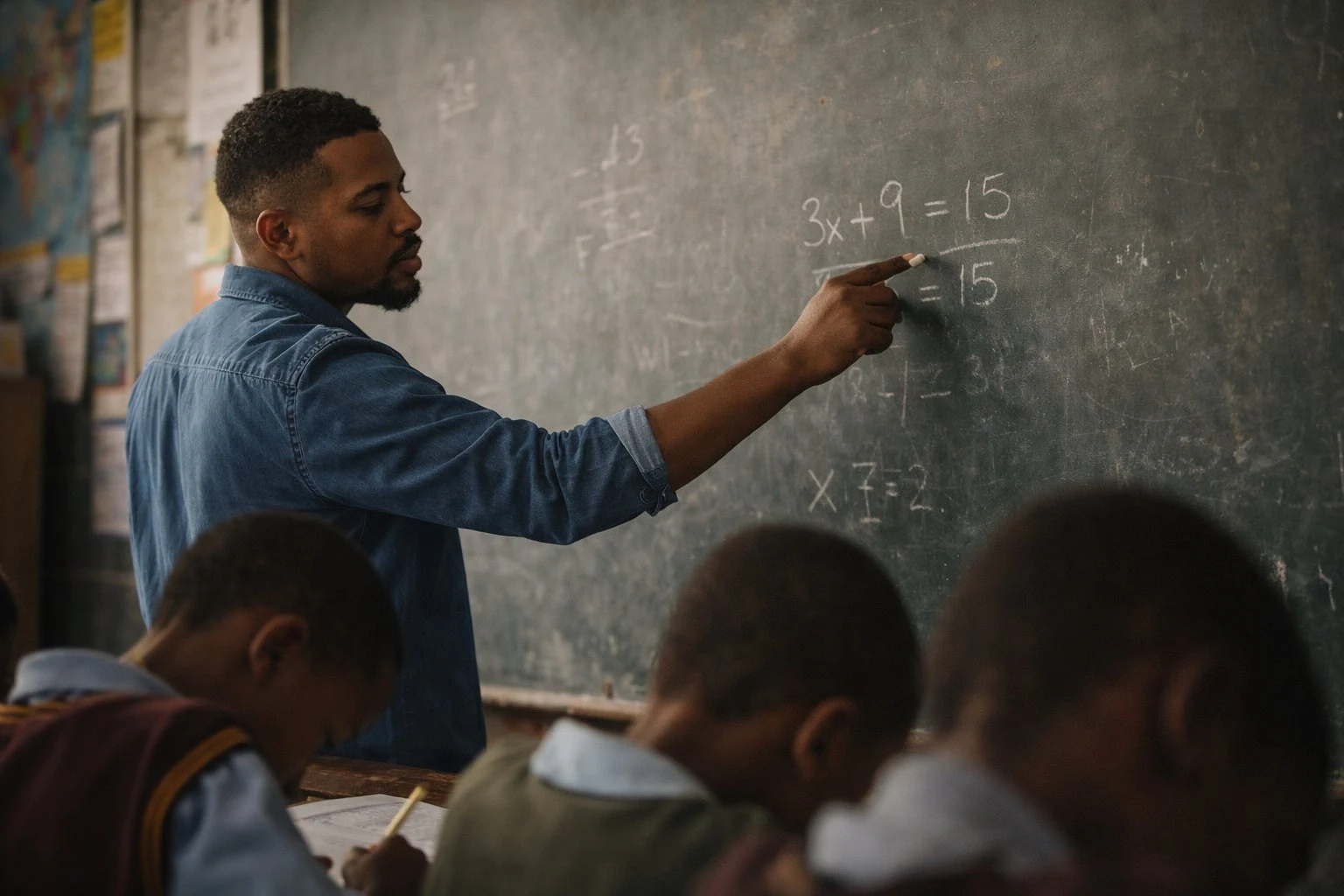 South African teacher at chalkboard